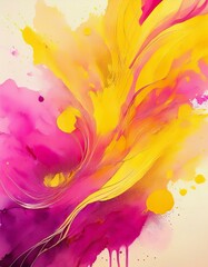 Lively abstract watercolor artwork with flowing yellow and pink hues, blending dynamically to create a vibrant and energetic design.