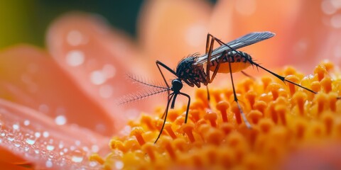 Sticker - Mosquito on a flower with water droplets.