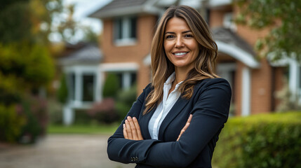 Confident real estate agent woman smiling outside beautiful house for sale in suburban neighborhood, showcasing dedication to top-notch service for home buyers and renters