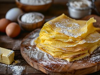 Wall Mural - A stack of freshly cooked crespelle on a wooden board, golden brown edges, soft texture, ready for serving, kitchen background with flour, eggs, and butter in view