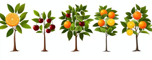 Illustration of five distinct fruit trees showcasing various fruits like oranges and cherries against a clean background.