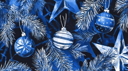 A festive image of Christmas ornaments and stars hanging from pine branches, all in a monochromatic blue and white palette. The design is intricate and elegant. AI generated.