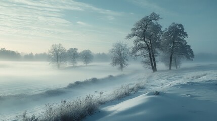 Poster - Winter fog rolling through a snowy landscape, with trees and fields partially obscured by the mist, creating a mysterious and calm atmosphere. 4K hyperrealistic photo.