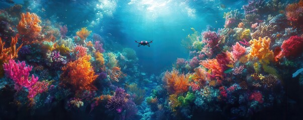 Vibrant underwater scene showcasing colorful coral reefs and a diver exploring the marine beauty beneath the ocean surface.