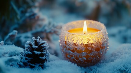 Wall Mural - Close-up of a snow-covered candle holder, with frosted glass and a warm, glowing flame inside. 4K hyperrealistic photo.