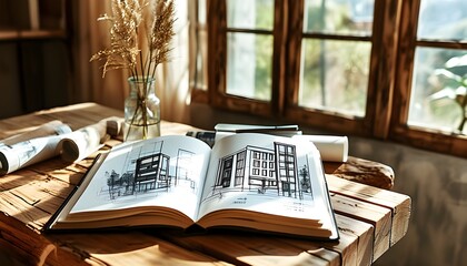 Wall Mural - Architectural Dreams: Open Diary with Plans and Sketches on a Wooden Table in a Sunlit Room