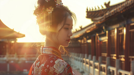 Canvas Print - Young Chinese Model Ancient Palace