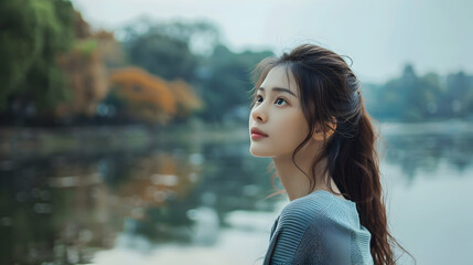 Canvas Print - Young Chinese Model Tranquil Lake