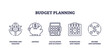 © VectorMine - Budget planning and financial income management outline icons collection set, transparent background. Labeled elements with money tracking and analysis, savings.