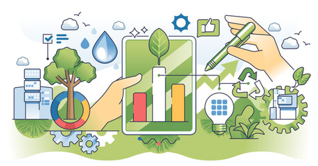 Wall Mural - Sustainability reporting and green business initiatives outline hands concept, transparent background. Environmental corporate analysis.