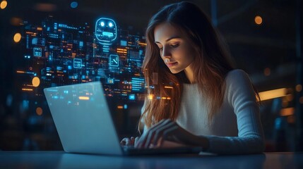 Woman using laptop and AI chat bot for creative services