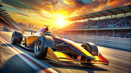 A sleek, high-performance racing car zooms around a track, its aerodynamic design and vibrant colors gleaming in the