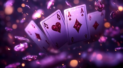 Playing cards suit falling, purple heart, spade, diamond and club