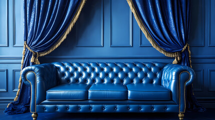 Blue tufted leather chesterfield sofa in a blue room with blue and gold curtains.