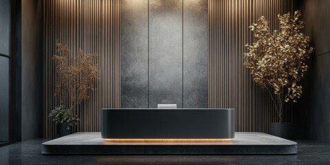 Sticker - Modern black reception desk with plants.