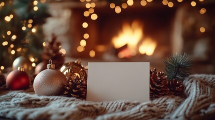 Poster - Christmas mockup of a blank greeting card on a cozy blanket, surrounded by ornaments, pinecones, and a crackling fireplace. 4K hyperrealistic photo.