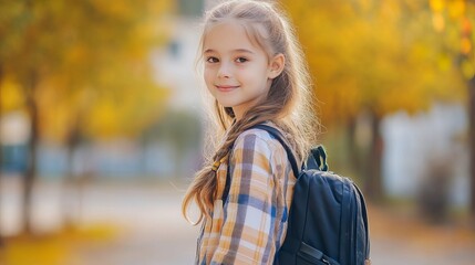 Poster - Photo of pretty lovely glad schoolgirl wear stylish clothes walk go school