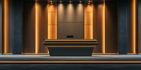 Wall Mural - Modern minimalist office with wooden panels and glowing counter.