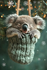 Wall Mural - A sleepy koala in a Christmas stocking,