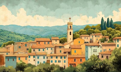 A charming village nestled in the foothills with a church steeple towering over the terracotta rooftops.