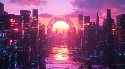 Wall Mural - Futuristic cityscape with a glowing portal at sunset.