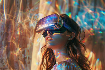 Wall Mural - Fashion model person wearing futuristic shiny glamorous VR goggles watching cyberpunk video, Generative AI