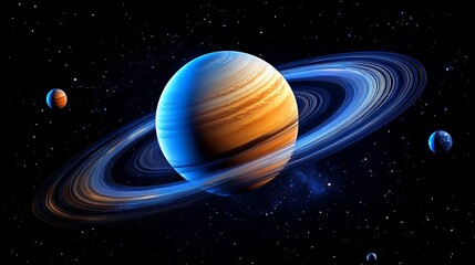 Wall Mural - saturn planets in deep space with rings and moons surrounded. isolated on black background