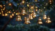 © Coosh448 - Golden bell ornaments hanging from a rich green tree, with each bell polished to perfection and catching the warm light of golden fairy lights. 4K hyperrealistic photo.