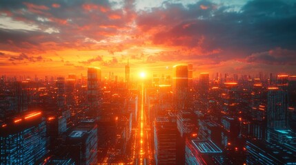 A futuristic cityscape at sunset with a glowing road leading to the horizon.