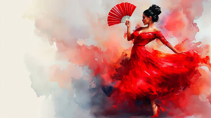 Wall Mural - Watercolor illustration of a Spanish woman dancing flamenco in a vibrant red dress, exuding passion and elegance. Copy space.