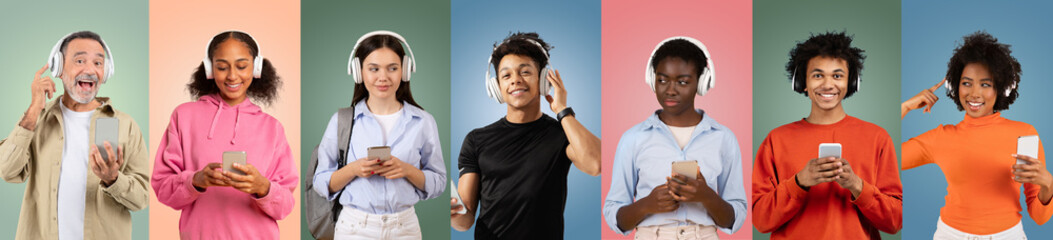 Wall Mural - A diverse group of seven individuals of varying ages and backgrounds engages with smartphones and headphones, expressing enjoyment and connection through music in a vibrant setting.