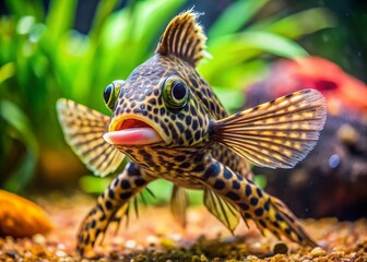 A small Plecostomus catfish, also known as a sucker fish, clings to the glass wall of a colorful