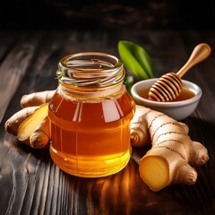 Wall Mural - Honey and Ginger on a Black Wooden Table: Effective Natural Cold Remedies