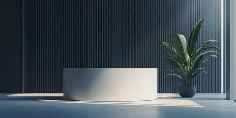 Poster - White curved counter, plant, and striped wall.