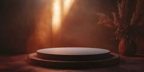 Poster - Empty podium, wooden base, vase, dried grass, sunlight, brown background.