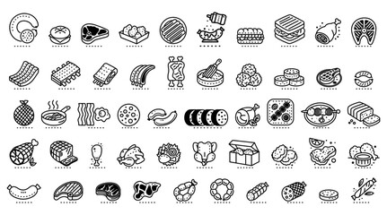 Set of food icons in black and white style. Icons on white background. Concept of various food items. Vector illustration