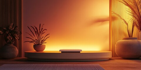 Poster - Wooden platform with square base, potted plants, and warm lighting.