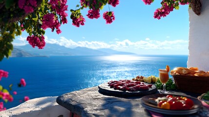 A Mediterranean outdoor dining scene, stone grill smoking meats and vegetables, overlooking bright blue ocean, in watercolor style, warm tones, sunny ambiance, soft focus