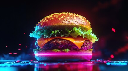 A juicy cheeseburger with lettuce and a pink neon light underneath on a dark background.