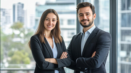 Two professionals with crossed arms are seen smiling in a contemporary office setting