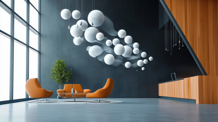 Wall Mural - A modern office space with a large wall of white globes hanging from the ceiling