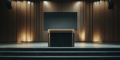 Poster - Empty stage with podium and wooden wall.