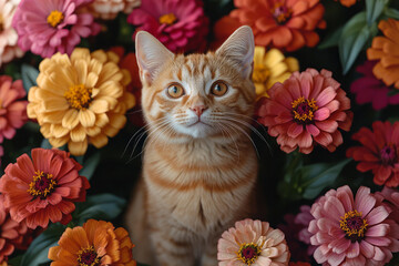 A charming orange tabby sitting in a garden filled with bright zinnias,