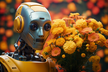 Wall Mural - Ai generated futuristic photo of modern robot surrounded fresh flowers generative ai