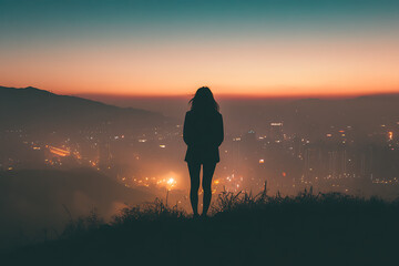 Wall Mural - A silhouette of a person standing on a hilltop at sunset, overlooking a cityscape below.