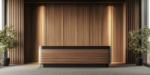 Poster - A minimalist reception desk with wooden panels.