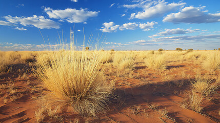 A desert landscape featuring spinifex grass and other drought-resistant plants native to Australia’s interior 