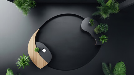 Wall Mural - A black background with a circular shape and plants in the foreground