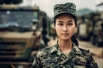 Wall Mural - Generated with AI close up photo of female soldier in full combat gear