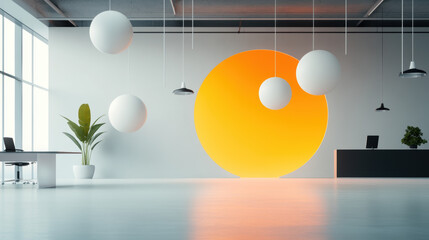 Wall Mural - A white room with a large orange circle in the middle